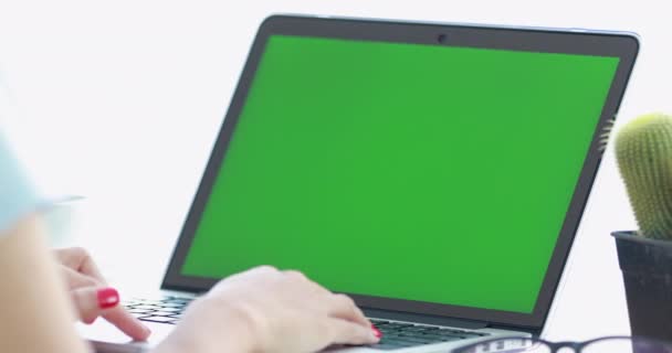 Vrouw Met Laptop Met Key Groen Scherm — Stockvideo