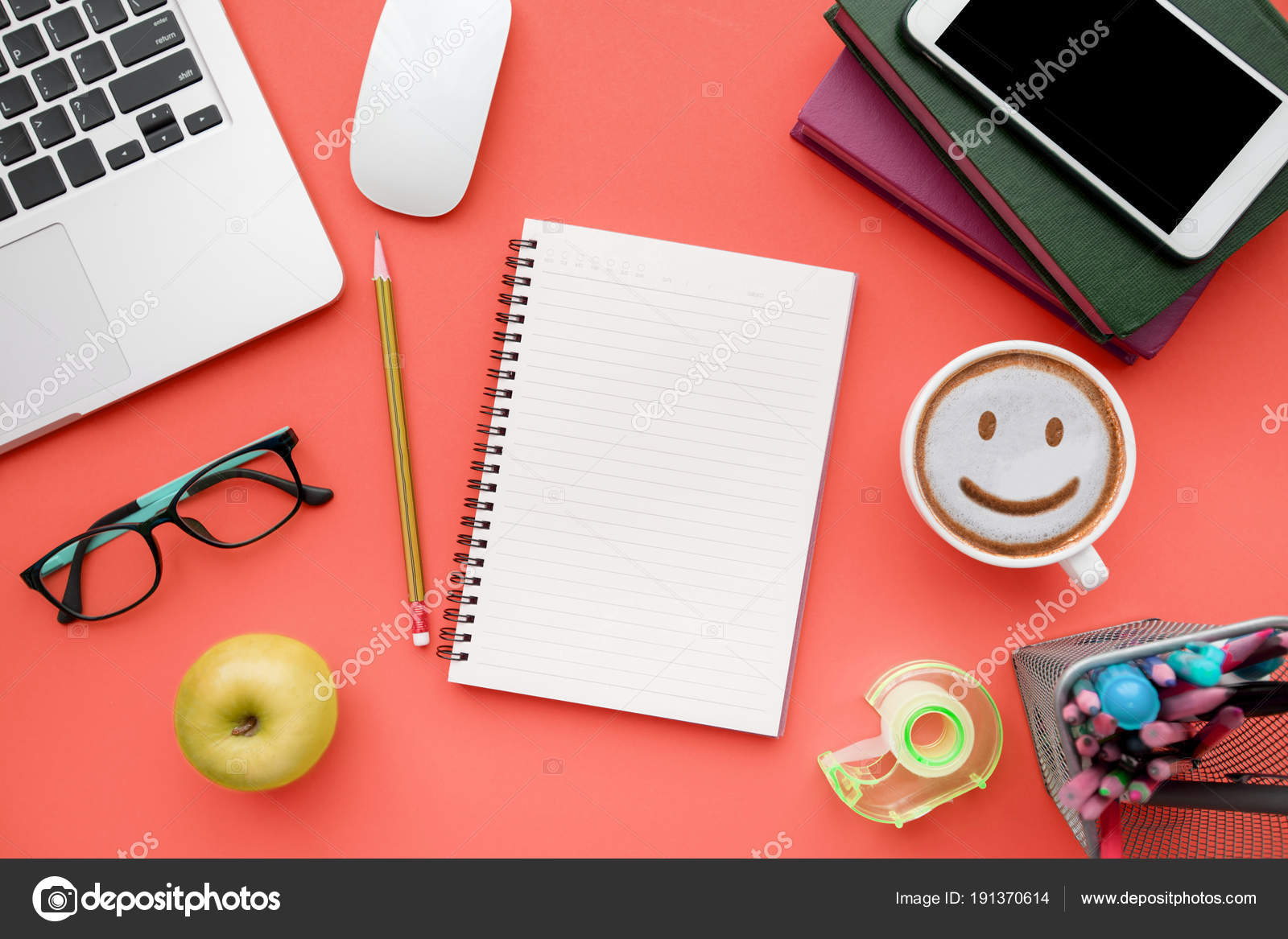 Top View Flat Lay Of Modern Red Office Desk Table With Laptop Stock Photo C Sirikornt 191370614