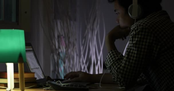 Asian Man Working Hard Laptop Computer Home — Stock Video