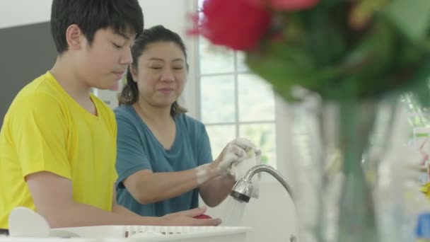 Happy Family Mother Child Dish Washing Together Home Smile Face — Vídeo de stock