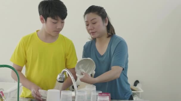 快乐的家庭母亲和儿子一起在家里洗碗 脸上挂着笑容 — 图库视频影像