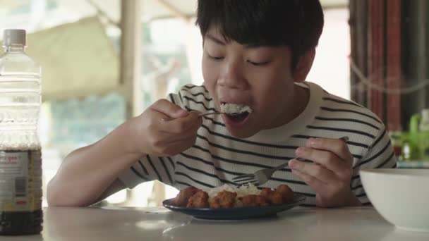 Rapaz Tailandês Bonito Comer Arroz Frito Ásia Menino Comer Olhando — Vídeo de Stock