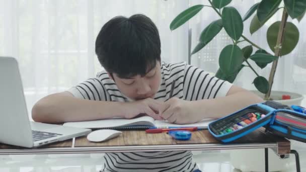 Adolescent Asiatique Fait Ses Devoirs Avec Ordinateur Portatif Maison — Video