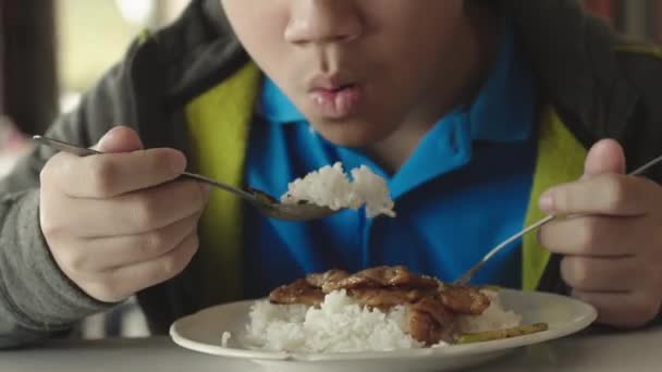 かわいいタイの少年はチャーハンを食べている アジアの男の子食べると笑顔でカメラを見て — ストック動画