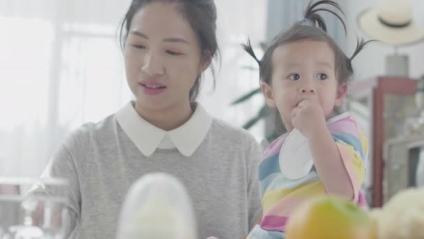 Pais Asiáticos Alimentando Almoço Filha Mesa Jantar Sua Própria Casa — Vídeo de Stock