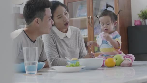 Asian Parents Feeding Little Daughter Lunch Dining Table His Own — Stock Video