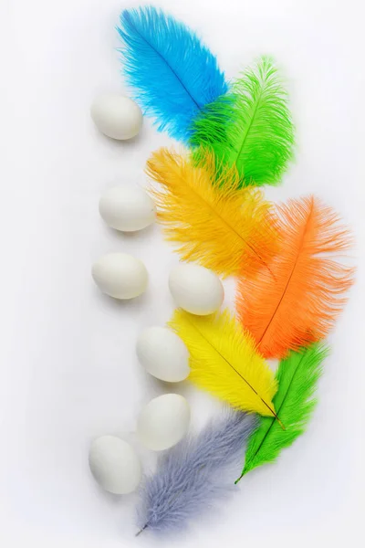 Επτά Λευκά Αυγά Κοτόπουλου Κίτρινα Πορτοκαλί Και Πράσινα Χρωματιστά Φτερά — Φωτογραφία Αρχείου