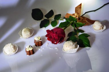 Kırmızı bir gül, dört raffaello ve beyaz arka planda iki çikolatalı şeker.