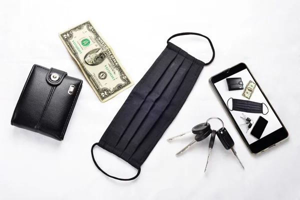 Minimale Mannelijke Set Van Zwarte Portemonnee Mobiele Telefoon Autosleutels Zwart — Stockfoto