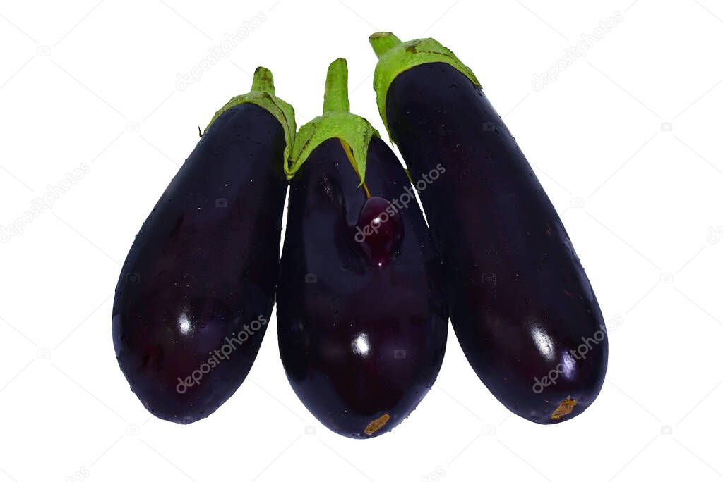 Three unpeeled purple eggplants, one with a funny knot in the middle, isolated on a white background
