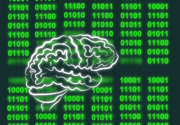 Illustration of a digital computer code and a schematic human brain picture