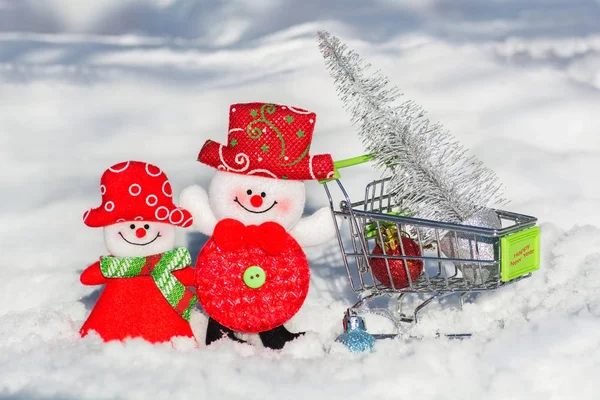 Par Bonecos Neve Marido Uma Esposa Carrinho Supermercado Dirigem Uma — Fotografia de Stock