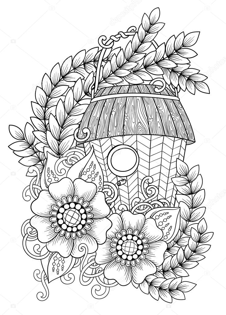 Black and white wood nesting box. Hand drawn outline bird house decorated with floral ornament. Zentangle inspired pattern for coloring book pages for adults and kids, tattoo, poster. Boho style.