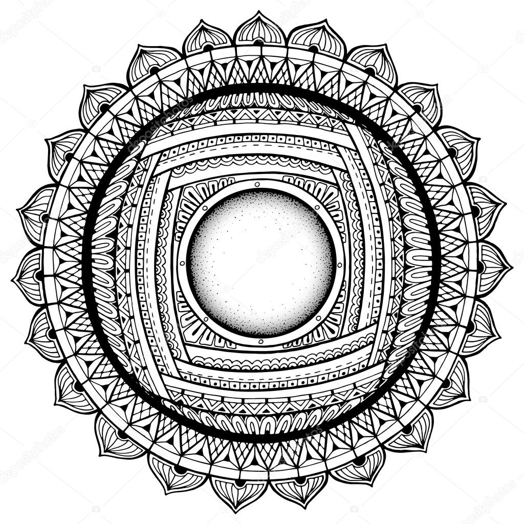 Circle summer doodle flower ornament. Hand drawn art floral mandala. Black and white background. Zentangle inspired pattern for coloring book pages for adults and kids.