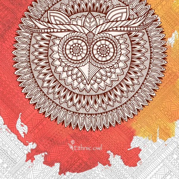 猫头鹰曼荼罗用抽象民族装饰图案，五颜六色的水彩背景. — 图库矢量图片