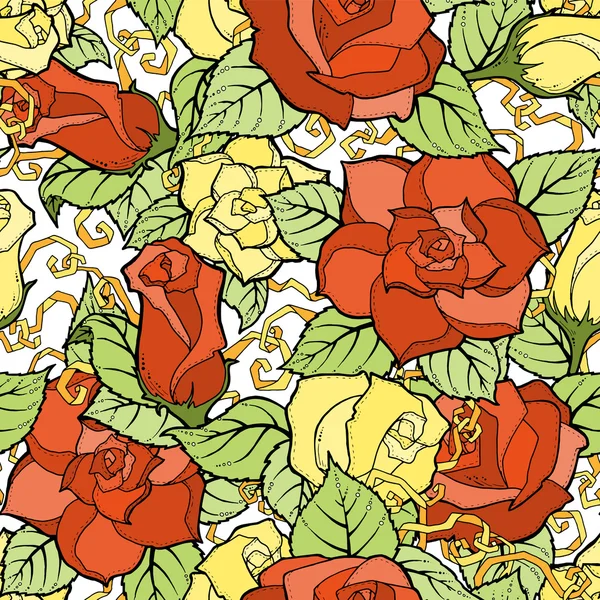 Patrón de colores sin costuras con estilizado rojo, rosas amarillas flores abstractas . — Vector de stock