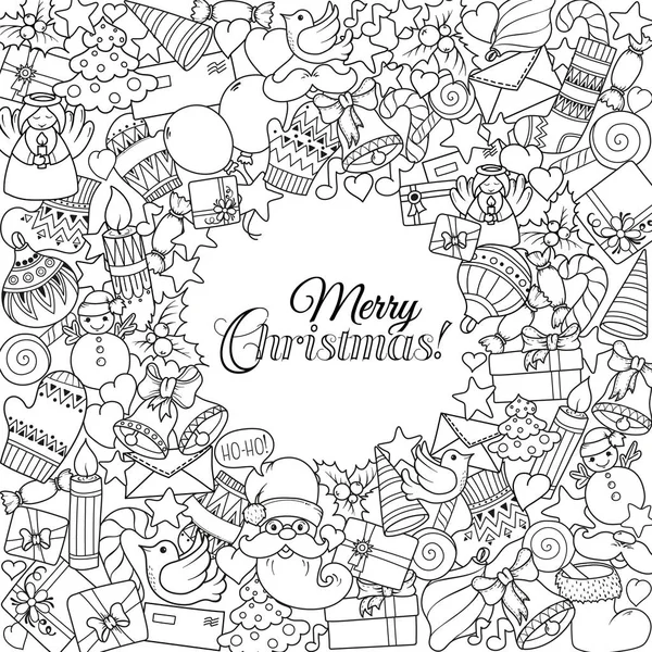 Merry christmas set of xmas monochrome pattern and text templates. Ideal for holiday greeting cards, print, coloring book page or wrapping paper. — Stock Vector