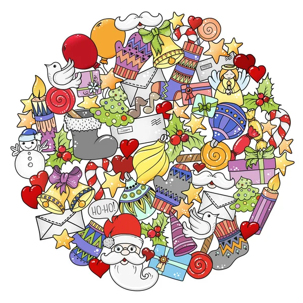 Joyeux Noël mandala ensemble de motifs colorés de Noël et de modèles de texte. Idéal pour les cartes de vœux de vacances, impression, coloriage ou papier d'emballage . — Image vectorielle