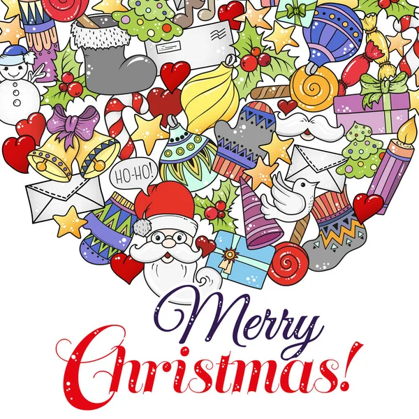 Feliz Natal conjunto de xmas padrão colorido e modelos de texto. Ideal para cartões de felicitações de férias, imprimir, colorir página do livro ou papel de embrulho . — Vetor de Stock