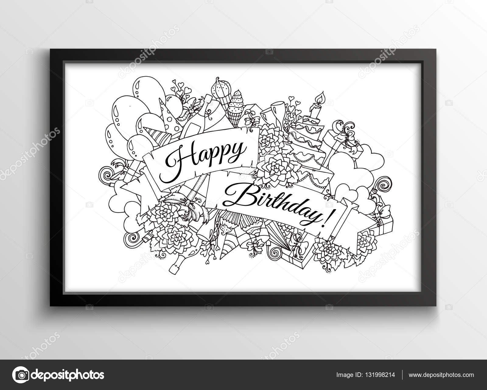 Happy Birthday background per scheda Doodles disegnati a mano scatole regalo ghirlande e palloncini trombette festa dolci e caramelle