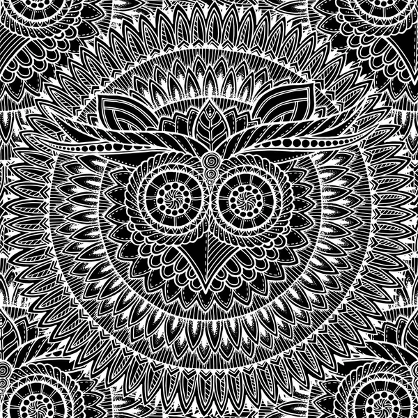 Seamless ethnic pattern with owl mandala and zentangle motives. Mandala stylized print template for fabric and paper. Black and white boho chic design. — Stock Vector