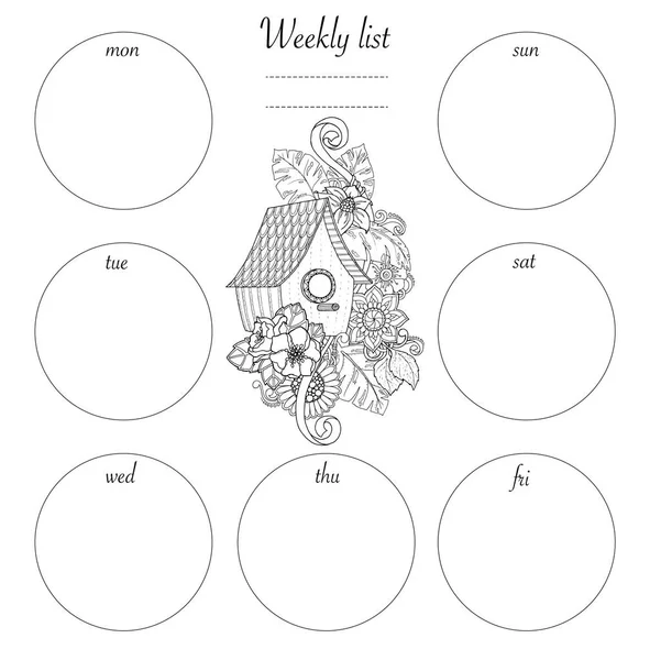 Conception de liste hebdomadaire pour bloc-notes. Carnet de croquis, maquette du journal. Coloriage . — Image vectorielle