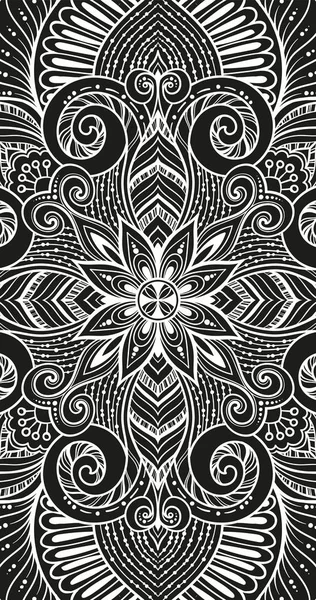 Azjatycka etniczne retro kwiatowy doodle czarno-białe tło wzór w wektorze. Islam, arabski, indyjski, otomańskimi motywami plemiennych wzorca projektowego. Zentangle okręgi do druku na tkaninie lub papieru. — Wektor stockowy