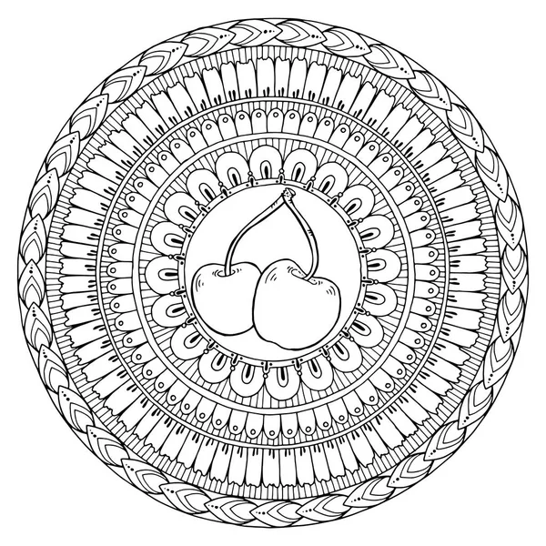 Fekete-fehér mandala téma cseresznye doodle. Egészséges élelmiszer-háttér. Őszi minta cseresznye, törzsi mintázatú kör. — Stock Vector