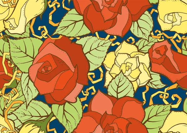 Διακοσμητικά απρόσκοπτη εθνοτικές πολύχρωμο μοτίβο με τριαντάφυλλα. Floral φόντο μπορεί να χρησιμοποιηθεί για γεμίσματα μοτίβου, κλωστοϋφαντουργίας, ταπετσαρία, ύφασμα, τύλιγμα, υφές επιφάνεια. — Διανυσματικό Αρχείο