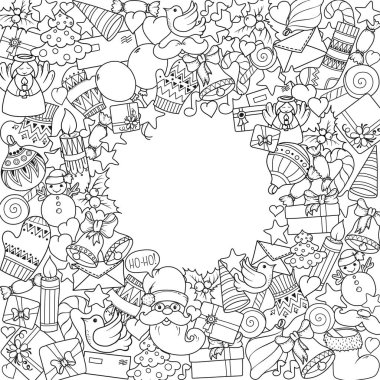 Neşeli Noel xmas tek renkli desen ve metin şablonları kümesi. Tatil tebrik kartları, kitap sayfa boyama.