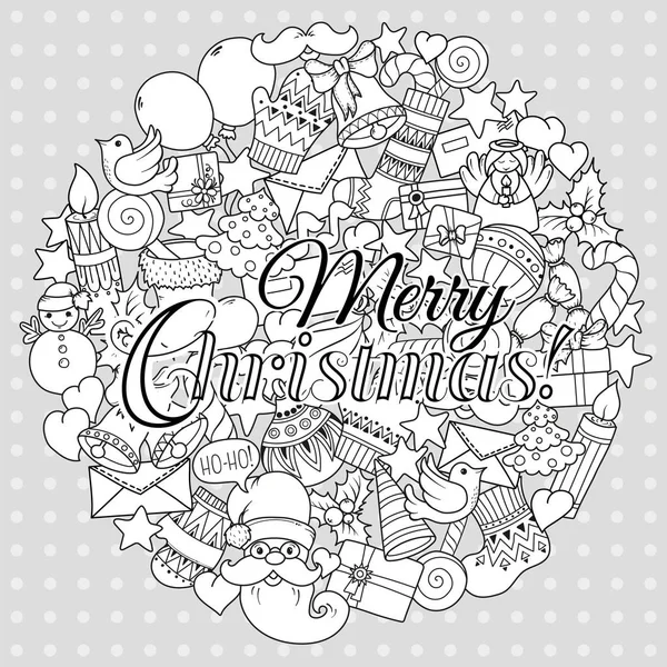 Joyeux Noël ensemble de motifs monochromes de Noël et de modèles de texte. Cartes de voeux de vacances, page de livre à colorier . — Image vectorielle
