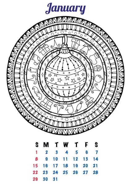 Styczeń 2017 kalendarz planowania projektu. Mandala zima Boże Narodzenie wzór z piłką, ilustracji wektorowych. Kolorowanki Strona. — Wektor stockowy