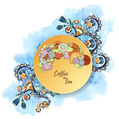 Kahvaltı Tema. Kahve cezve, pot, sürahi, çay bardağı, kruvasan, cupcake, tatlılar ve çiçek desenle. Çay ve kahve el çizilmiş desen. Menü, site, kafe, Restoran, çayevinde için arka plan.