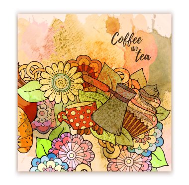 Kahvaltı Tema. Kahve cezve, pot, sürahi, çay bardağı, kruvasan, cupcake, tatlılar ve çiçek desenle. Çay ve kahve el çizilmiş desen. Menü, site, kafe, Restoran, çayevinde için arka plan.