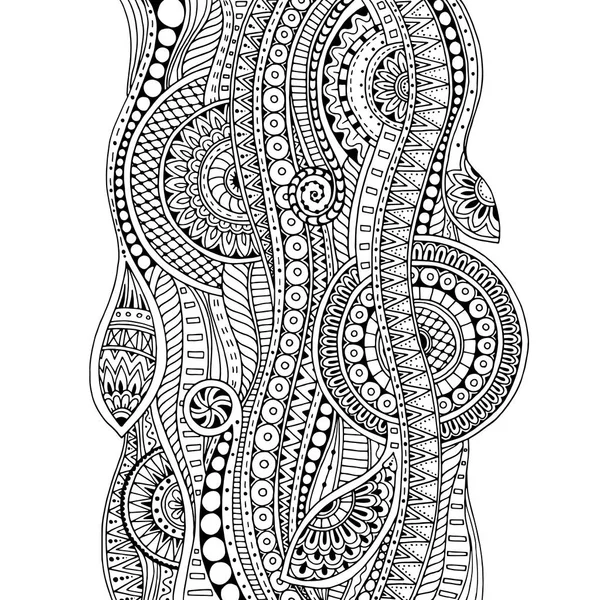 Padrão étnico tribal desenhado à mão. Fundo doodle com doodles, flores e mandalas. Para papel de parede, preenchimento padrão, livros para colorir e páginas para crianças, adultos. Padrão geométrico. Preto e branco . —  Vetores de Stock