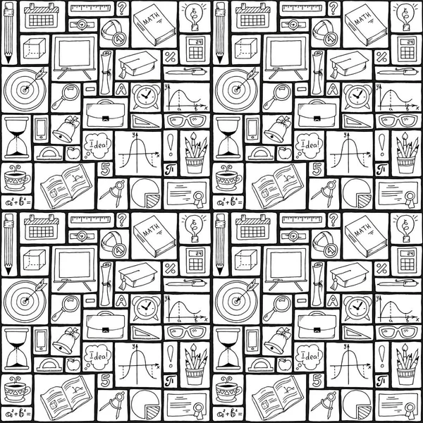 Mathematikwissenschaftliches Thema. nahtlose handgezeichnete Muster über Schule und Lernen. Lehrertagshintergrund. zurück zur Schule nahtlose Muster mit Naturwissenschaften und Mathematik Doodle-Symbole. — Stockvektor