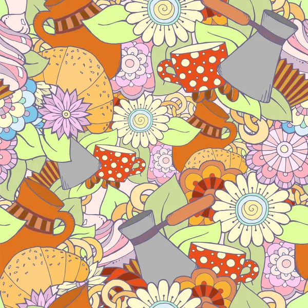 Breakfast theme. Seamless pattern with coffee cezve, pot, jug, tea cup, croissant, cupcake, sweets and flowers. Tea and coffee seamless pattern. Background for menu, site, cafe, restaurant, teahouse.