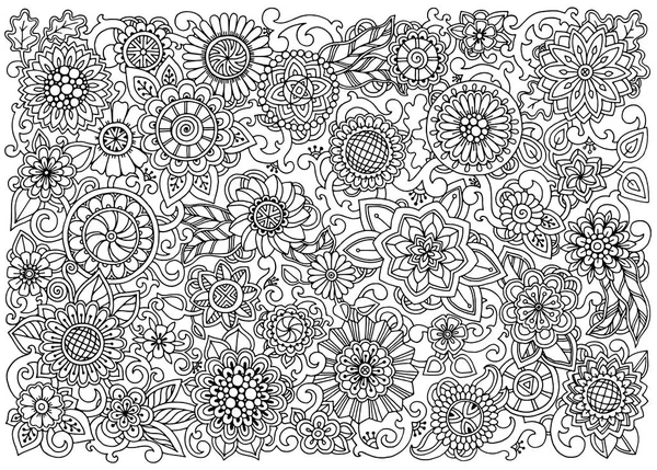 Etnische floral zentangle, doodle achtergrondpatroon in vector. Henna paisley mehndi doodles ontwerp tribal ontwerpelement. Zwart-wit patroon voor kleuren boek voor volwassenen en kinderen. — Stockvector