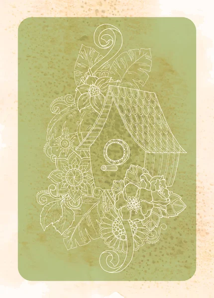 Diseño de tarjeta vintage para tarjeta de felicitación, invitación, póster, álbum de recortes. Bonito doodle Floral Bird House. Mano dibujada en vector . — Archivo Imágenes Vectoriales