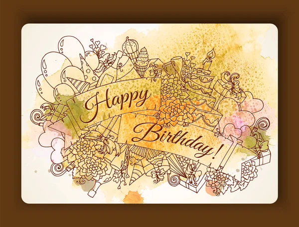 Vintage Happy Birthday kort med detaljerad hand dras blommor med utrymme för din text. Spara datumet-kort, bröllop inbjudan blommor och dekorativa element. Blommig inbjudningar, boho stil. — Stock vektor