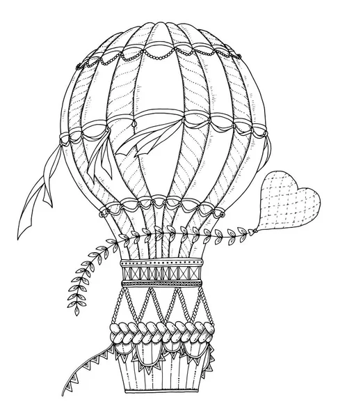 Luftballon und Doodle-Herz. Zentangle inspirierte Muster mit Aerostat für Malbuch für Erwachsene und Kinder. — Stockvektor