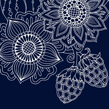 Mandala çiçek vektör. Herhangi bir boyama kitabı, tasarım, doğum günü ve diğer tatil için mükemmel kartı. Yoga, Hindistan, Arapça, Islam, Asya motifler. Tek renkli mavi arka plan.
