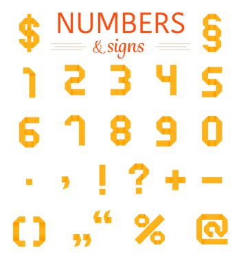 Origami sayı ve işaretler ayarlayın. Vektör çizim. Beyaz zemin üzerine tasarımlar için kağıt numaraları katlanmış.