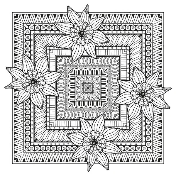 Floral rectangle Vector tattoo. Perfect card for any kind of design, birthday and other holiday, kaleidoscope, medallion, coloring book. Yoga, india, arabic, Islam motifs. Black and white background. — Stock Vector