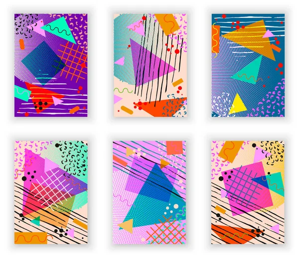 Colorful trendy Neo Memphis geometric poster set. Retro style texture, pattern and geometric elements. Modern abstract design poster, cover, card design. — Stock Vector