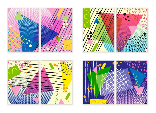 Colorful trendy Neo Memphis geometric poster set. Retro style texture, pattern and geometric elements. Modern abstract design poster, cover, card design. — Stock Vector