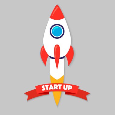 Roket gemisi düz bir tarzda. 3d uçan roket ile vektör çizim. Proje başlangıç ve gelişim süreci. Yenilik ürün, yaratıcı bir fikir. Yönetim.