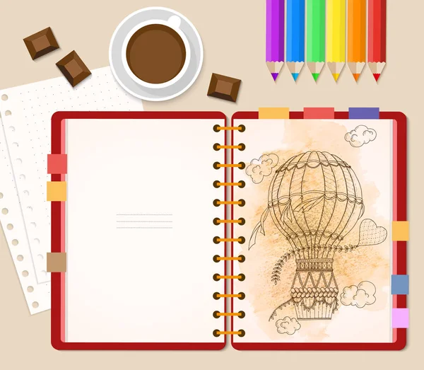 Vue du dessus des crayons stationnaires, carnet de couverture rouge et tasse à café avec chocolat et espace de copie sur fond lumineux néo-memphis. Illustration vectorielle — Image vectorielle