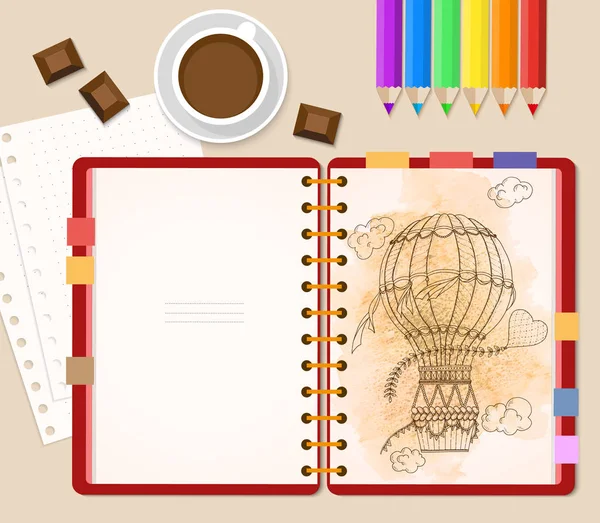 Top view of stationary pencils, red cover notebook and coffee cup with chocolate and copy space on neo memphis bright background. Vector illustration Stock Illustration