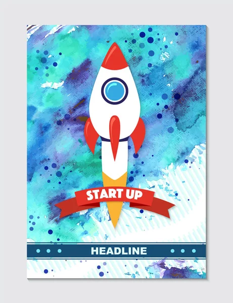 Rocket ship in a flat style. Vector illustration with 3d flying rocket. Stock Illustration